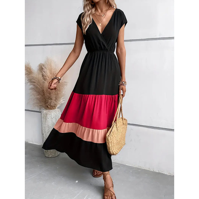 Women's Color Block Maxi Dresses V Neck Sleeveless Tiered Casual Dresses Loose Sundress RSTOCK