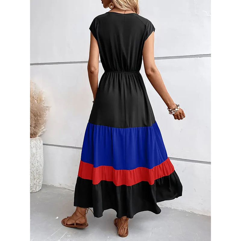 Women's Color Block Maxi Dresses V Neck Sleeveless Tiered Casual Dresses Loose Sundress RSTOCK