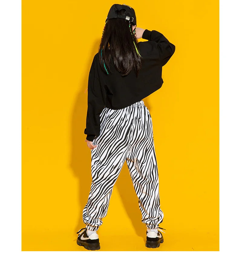 Kid Cool Hip Hop Clothing Top Long Sleeve Streetwear Zebra Print Jogger Pants for Girl Boy Dance Costume Clothes