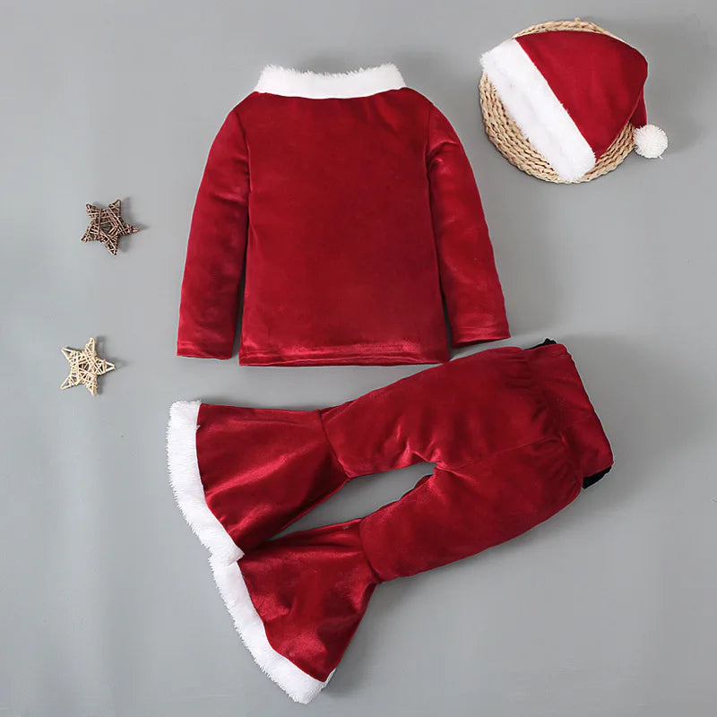 Baby Girls Christmas Cosplay Santa Claus Long Sleeve Red Bell Bottom Velvet Suit Carnival Party Kid Costume Top+Pant+Cap Clothes