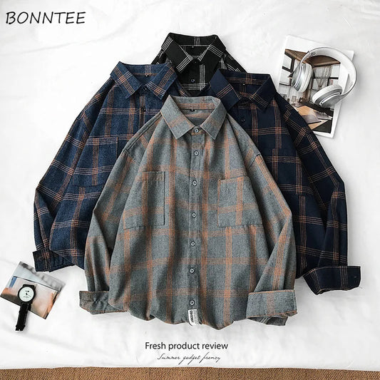 Large Size Shirts Plaid Vintage Loose M-5XL New-arrival Men Clothing Korean Style All-match Soft Trendy Ins Spring Young Leisure