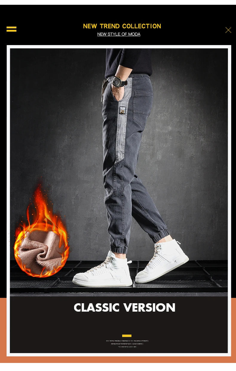 Winter Warm Jeans Men Fleece Lined Jeans Harem Pants Thicken Elastic Loose Fit Grey Pants Male Brand Plus Velvet Big Size 5XL