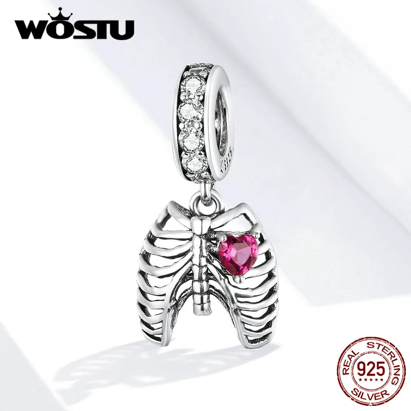 WOSTU Lungs Ribs Chams Real 925 Sterling Silver Fit Original Bracelet Pendant Love oath of ribs Zircon Beads Jewelry FIC1459