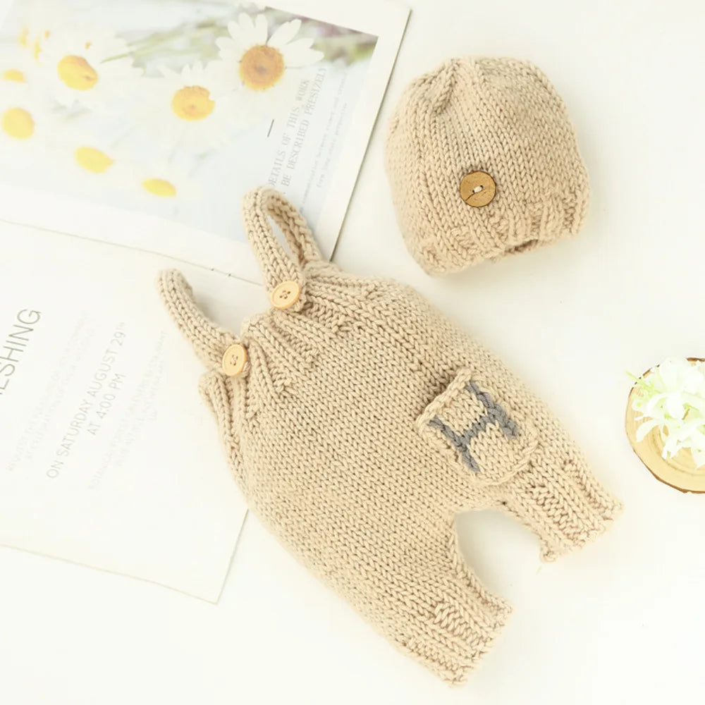 ❤️Newborn Photography Clothing Knitted Hat+Suspenders 2Pcs/set Baby Boy Photo Props Accessories Studio Shoot Clothes Outfits