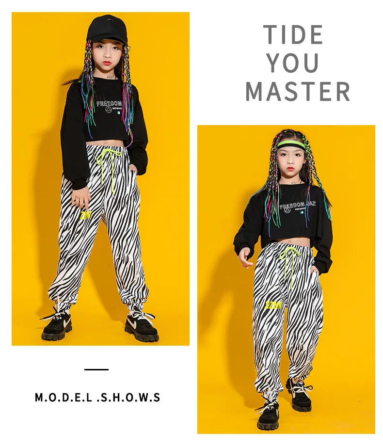 Kid Cool Hip Hop Clothing Top Long Sleeve Streetwear Zebra Print Jogger Pants for Girl Boy Dance Costume Clothes