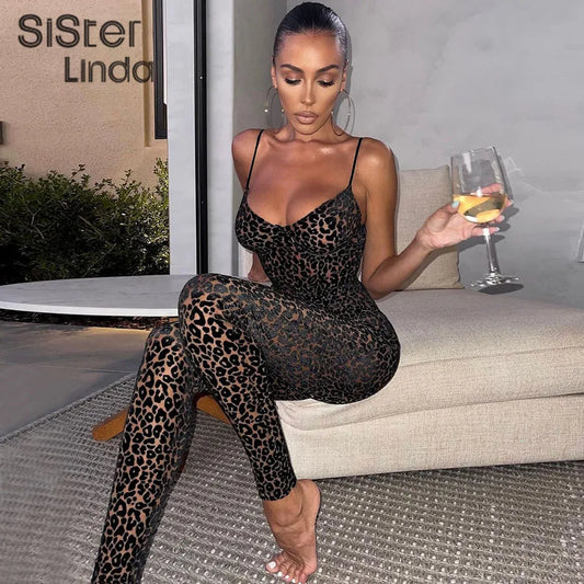 Sisterlinda Fashion Leopard Print Sexy V Neck Skinny Jumpsuits Women Sleeveless Backless Party Workout Female Rompers Activewear