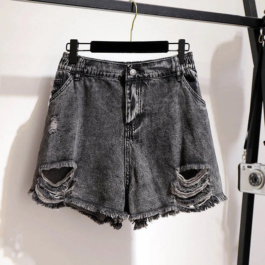 150Kg Plus Size Women's Hip 155 Summer Fur Edge Wide Leg Denim Shorts Loose A-Line Pants Gray 5XL 6XL 7XL 8XL 9XL