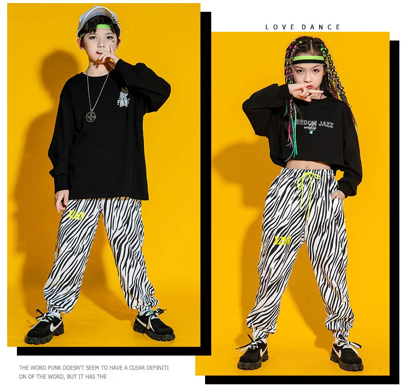 Kid Cool Hip Hop Clothing Top Long Sleeve Streetwear Zebra Print Jogger Pants for Girl Boy Dance Costume Clothes