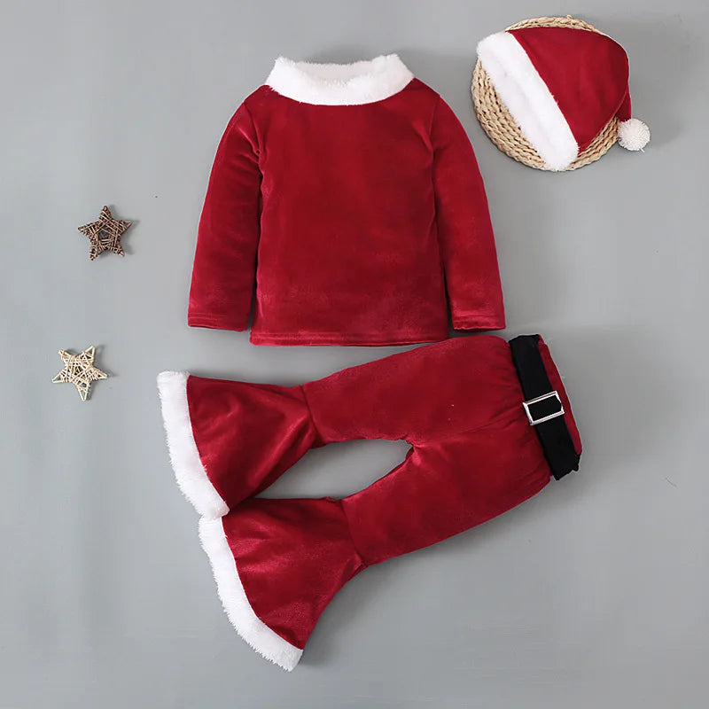 Baby Girls Christmas Cosplay Santa Claus Long Sleeve Red Bell Bottom Velvet Suit Carnival Party Kid Costume Top+Pant+Cap Clothes