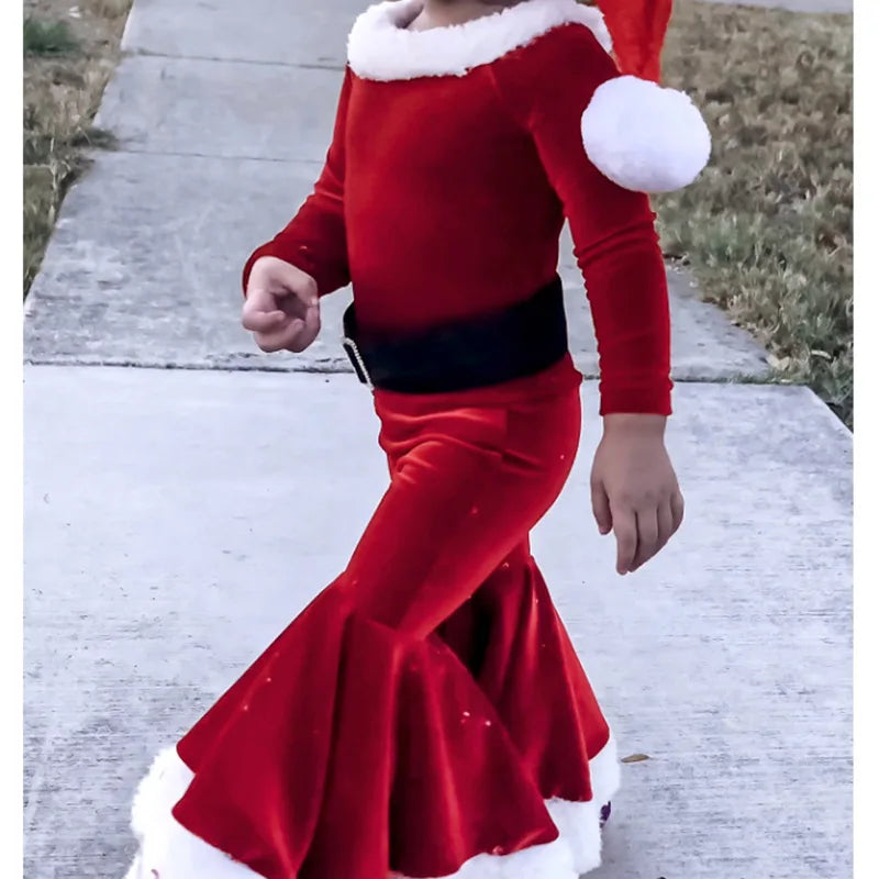 Baby Girls Christmas Cosplay Santa Claus Long Sleeve Red Bell Bottom Velvet Suit Carnival Party Kid Costume Top+Pant+Cap Clothes