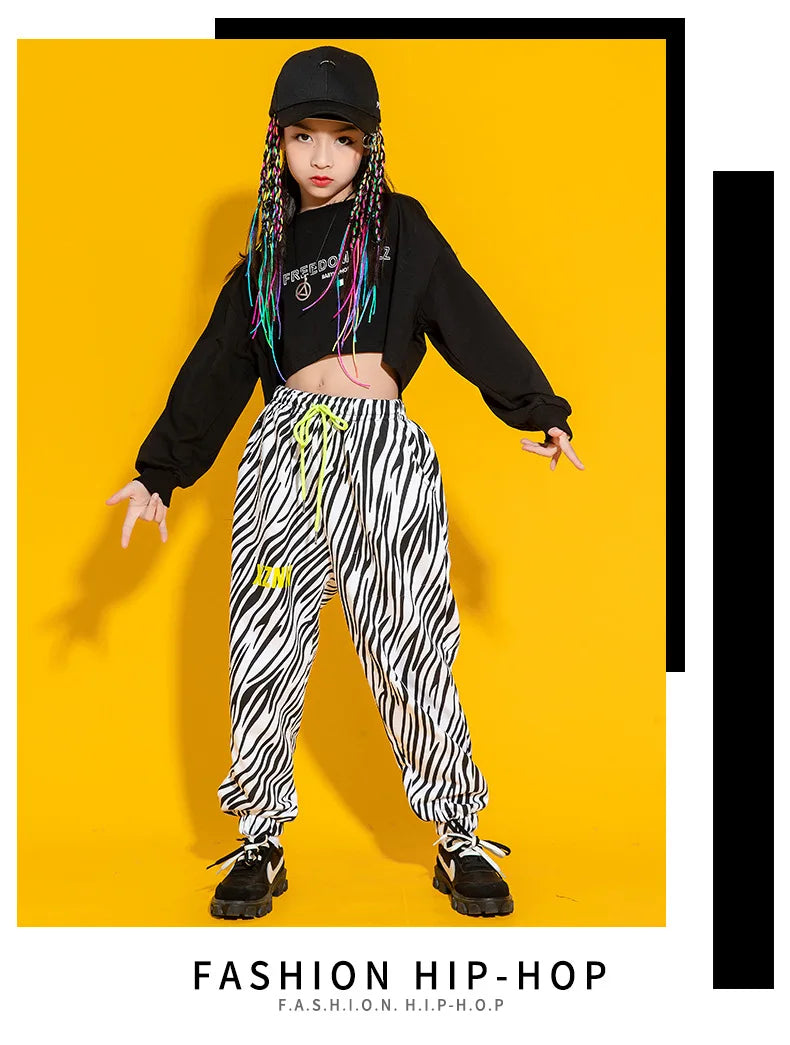 Kid Cool Hip Hop Clothing Top Long Sleeve Streetwear Zebra Print Jogger Pants for Girl Boy Dance Costume Clothes
