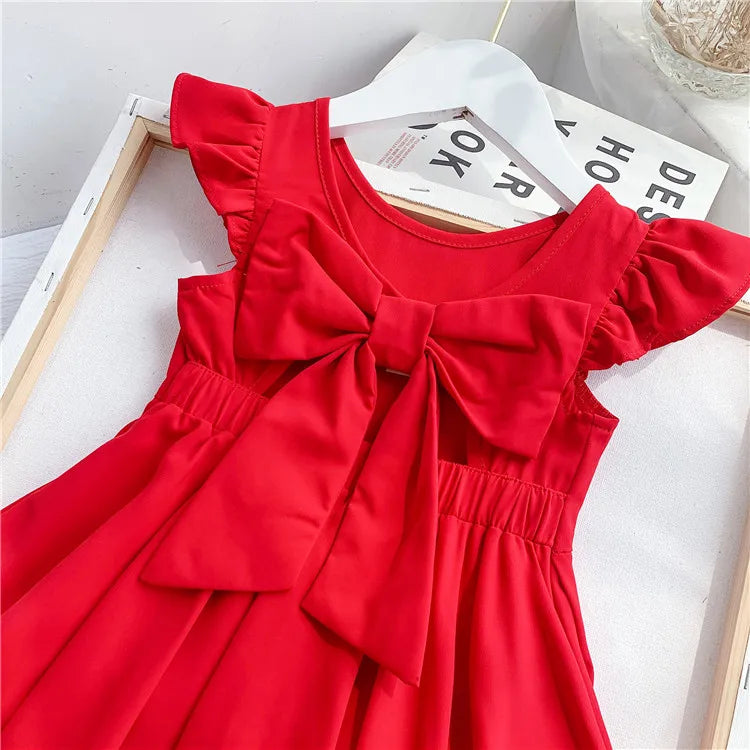Chiffon Girls Dress with Bowknot Summer Princess Party Dresses Wedding Red Dress Kids girl Clothing Childrens red vest dress