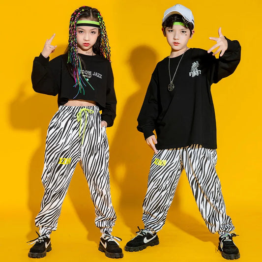 Kid Cool Hip Hop Clothing Top Long Sleeve Streetwear Zebra Print Jogger Pants for Girl Boy Dance Costume Clothes