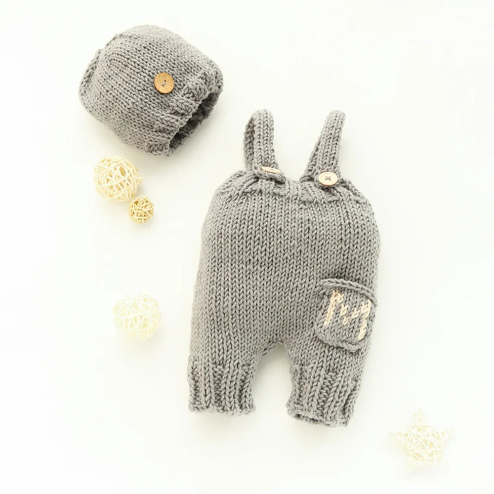 ❤️Newborn Photography Clothing Knitted Hat+Suspenders 2Pcs/set Baby Boy Photo Props Accessories Studio Shoot Clothes Outfits
