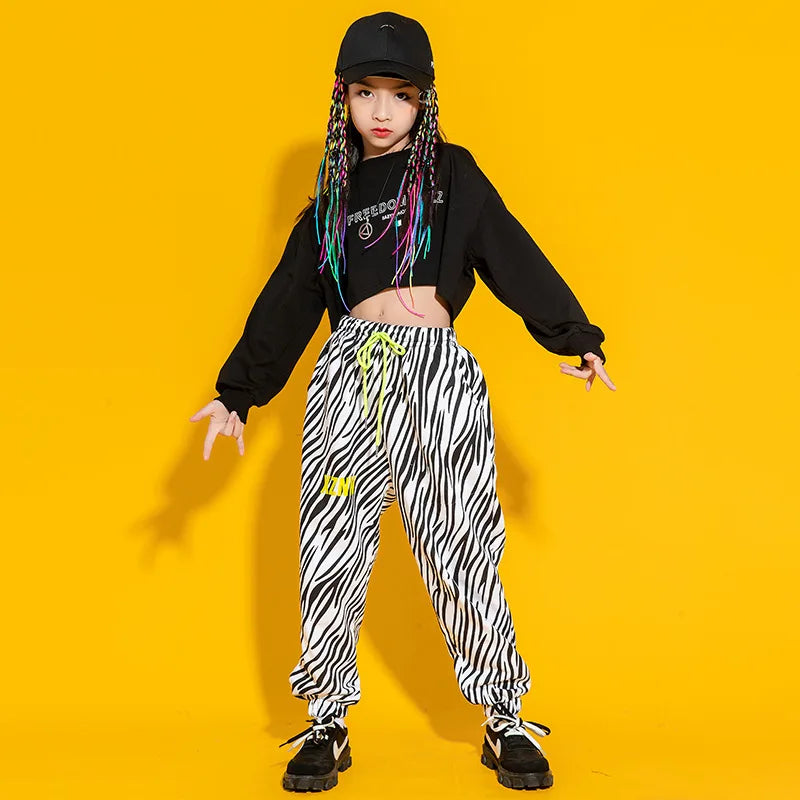 Kid Cool Hip Hop Clothing Top Long Sleeve Streetwear Zebra Print Jogger Pants for Girl Boy Dance Costume Clothes