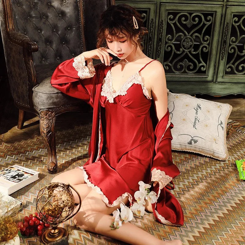 2PCS Robe Set Silky Satin Kimono Bathrobe Gown Sexy Intimate Lingerie Women Lace robe Sleepwear Nightgown Casual Home Clothes