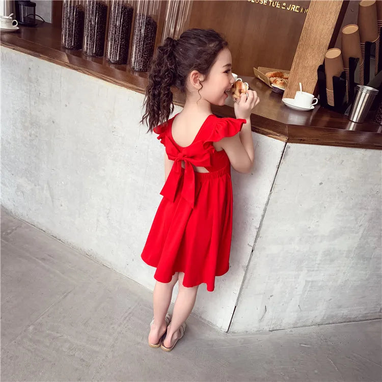 Chiffon Girls Dress with Bowknot Summer Princess Party Dresses Wedding Red Dress Kids girl Clothing Childrens red vest dress