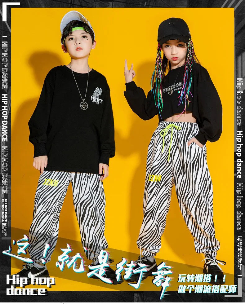 Kid Cool Hip Hop Clothing Top Long Sleeve Streetwear Zebra Print Jogger Pants for Girl Boy Dance Costume Clothes