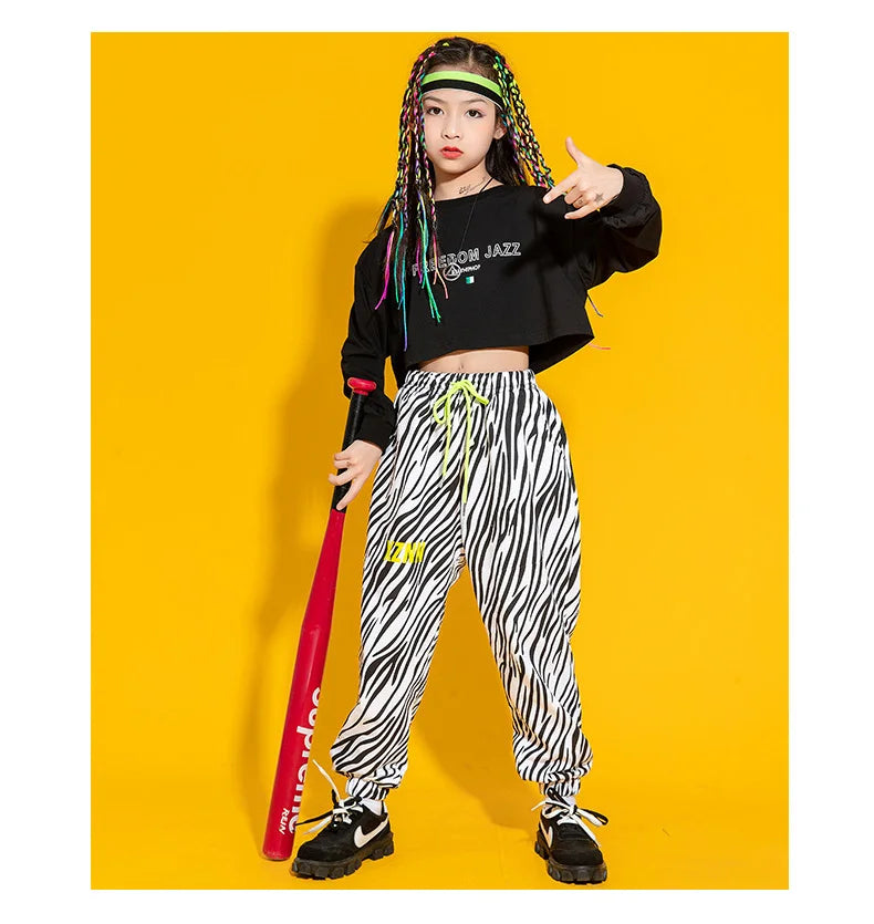 Kid Cool Hip Hop Clothing Top Long Sleeve Streetwear Zebra Print Jogger Pants for Girl Boy Dance Costume Clothes