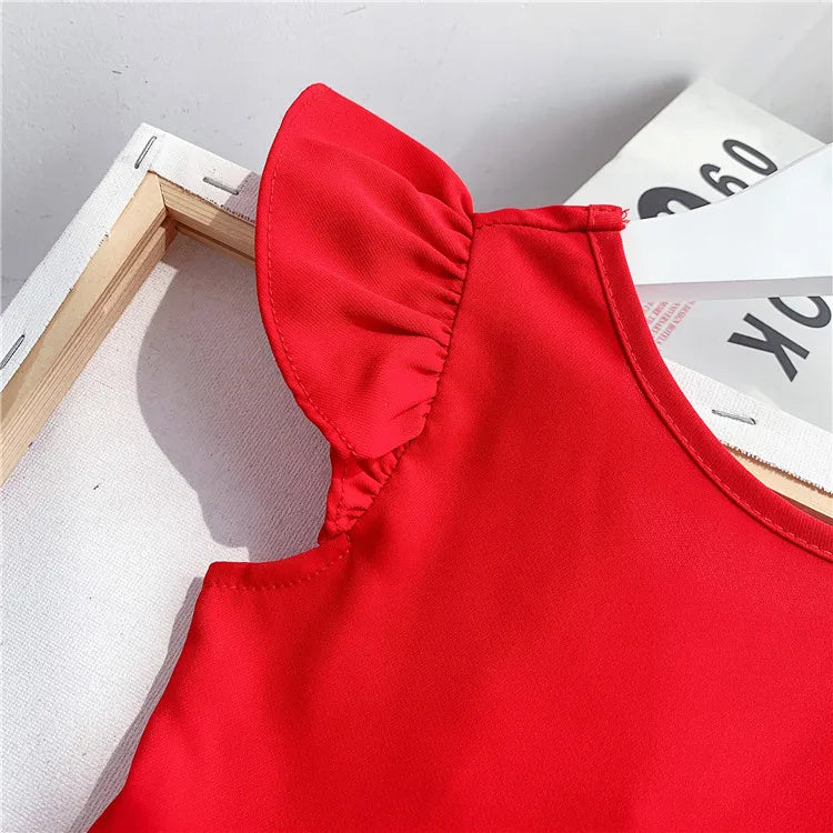 Chiffon Girls Dress with Bowknot Summer Princess Party Dresses Wedding Red Dress Kids girl Clothing Childrens red vest dress