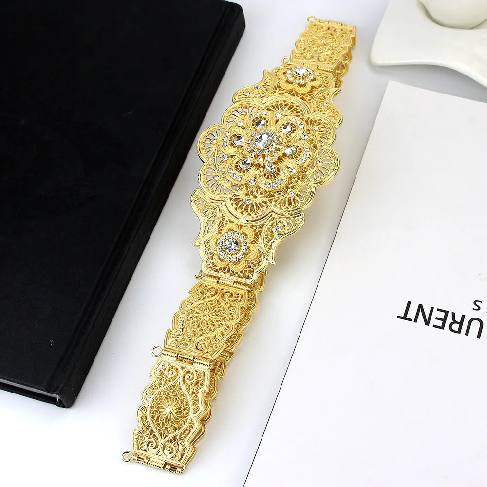 Sunspicems Elegent Morocco Women Body Jewelry Caftan Belt Gold Silver Color Crystal Arab Robe Wedding Dress Waist Chain Belt