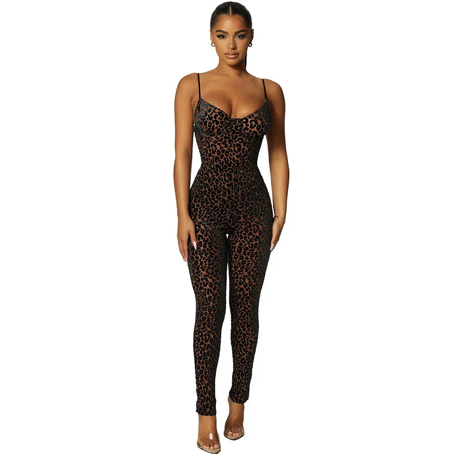 Sisterlinda Fashion Leopard Print Sexy V Neck Skinny Jumpsuits Women Sleeveless Backless Party Workout Female Rompers Activewear