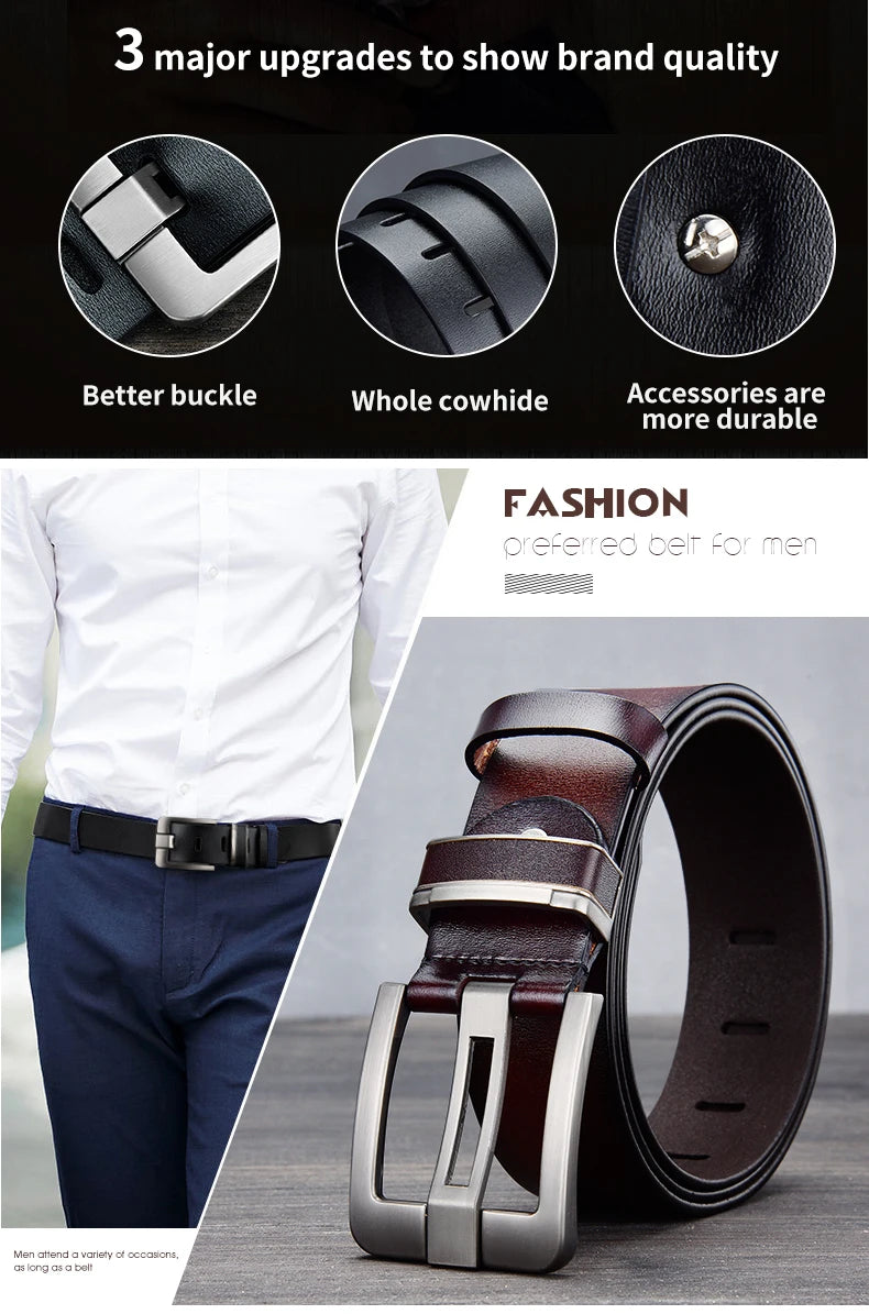 New Leather Cowhide Men's Belt Fashion Metal Alloy Pin Buckle Adult Luxury Brand Jeans Business Casual Waist Male Strap Brand