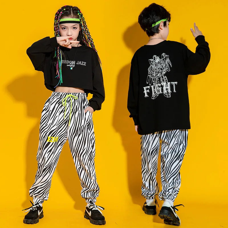 Kid Cool Hip Hop Clothing Top Long Sleeve Streetwear Zebra Print Jogger Pants for Girl Boy Dance Costume Clothes