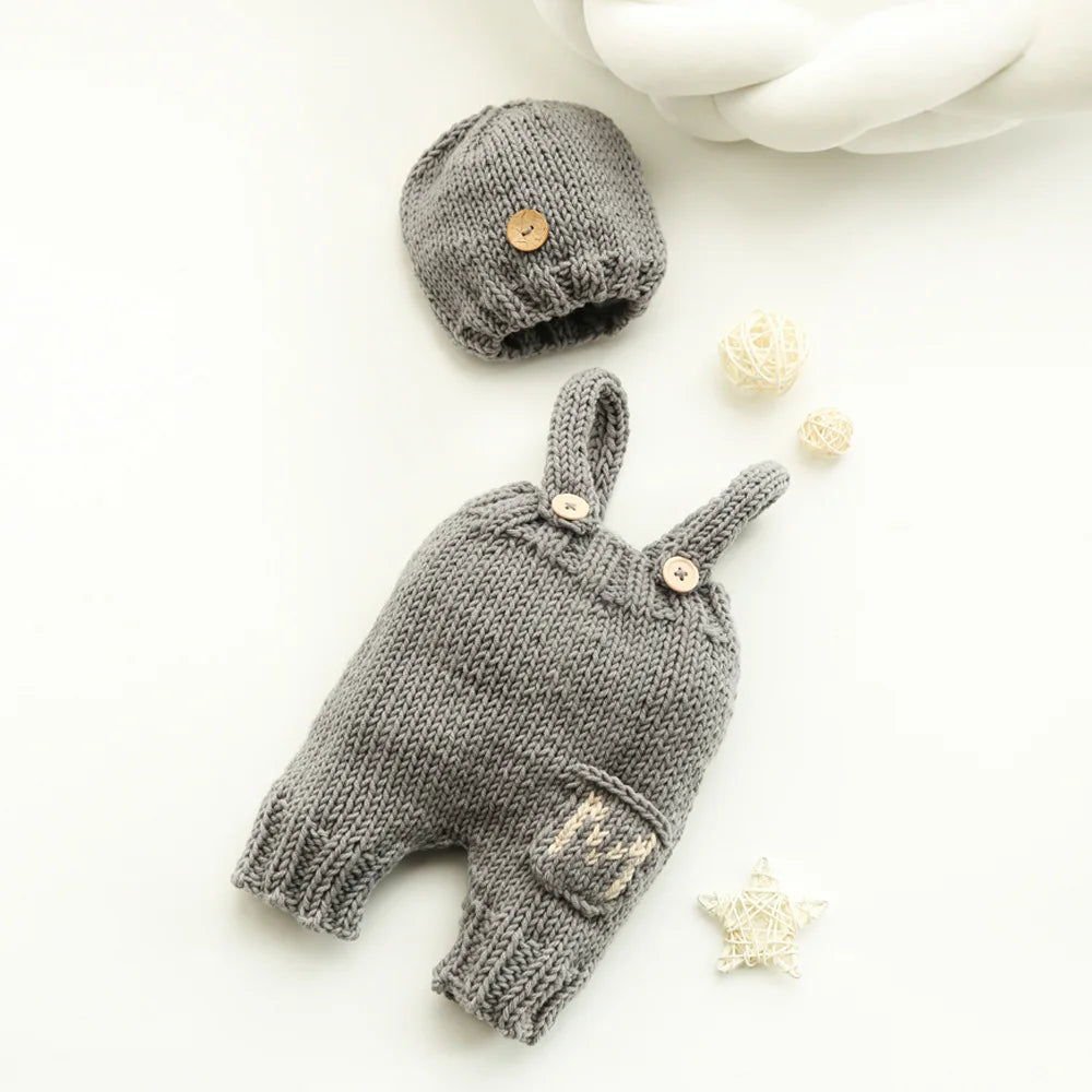 ❤️Newborn Photography Clothing Knitted Hat+Suspenders 2Pcs/set Baby Boy Photo Props Accessories Studio Shoot Clothes Outfits