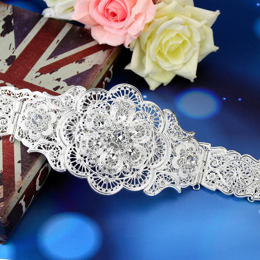 Sunspicems Elegent Morocco Women Body Jewelry Caftan Belt Gold Silver Color Crystal Arab Robe Wedding Dress Waist Chain Belt