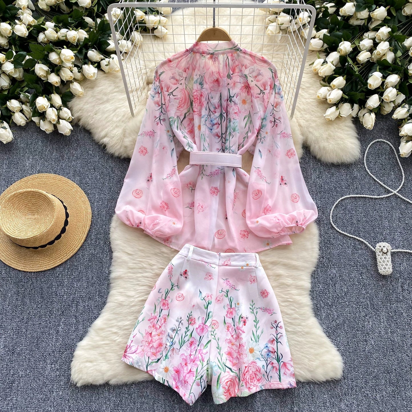 Spring Summer Runway 2 Pieces Shorts Outfit Women's Bow Neck Flower Print Lantern Sleeve Blouses Shirts＋Wide Leg Shorts Set Suit