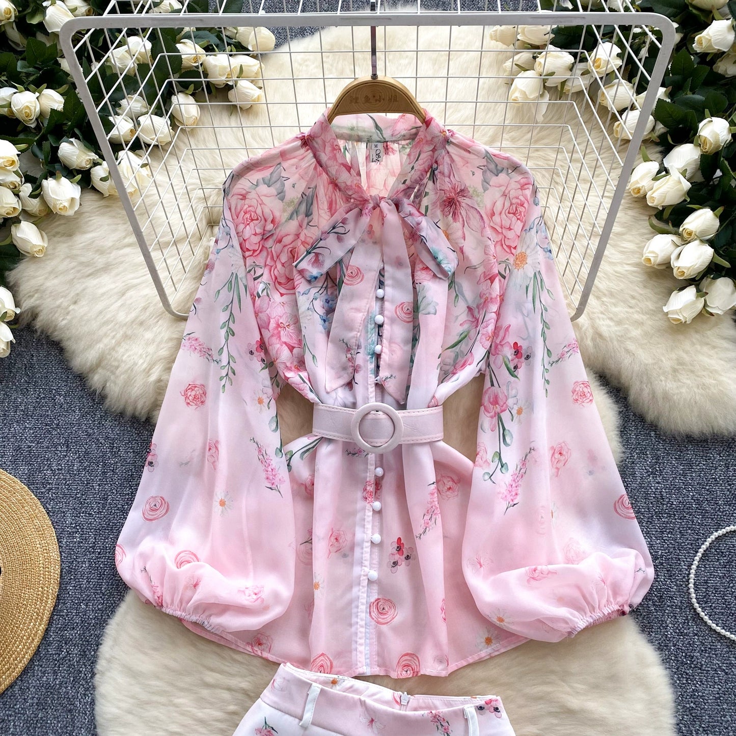 Spring Summer Runway 2 Pieces Shorts Outfit Women's Bow Neck Flower Print Lantern Sleeve Blouses Shirts＋Wide Leg Shorts Set Suit