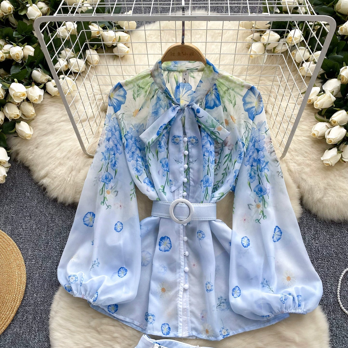 Spring Summer Runway 2 Pieces Shorts Outfit Women's Bow Neck Flower Print Lantern Sleeve Blouses Shirts＋Wide Leg Shorts Set Suit