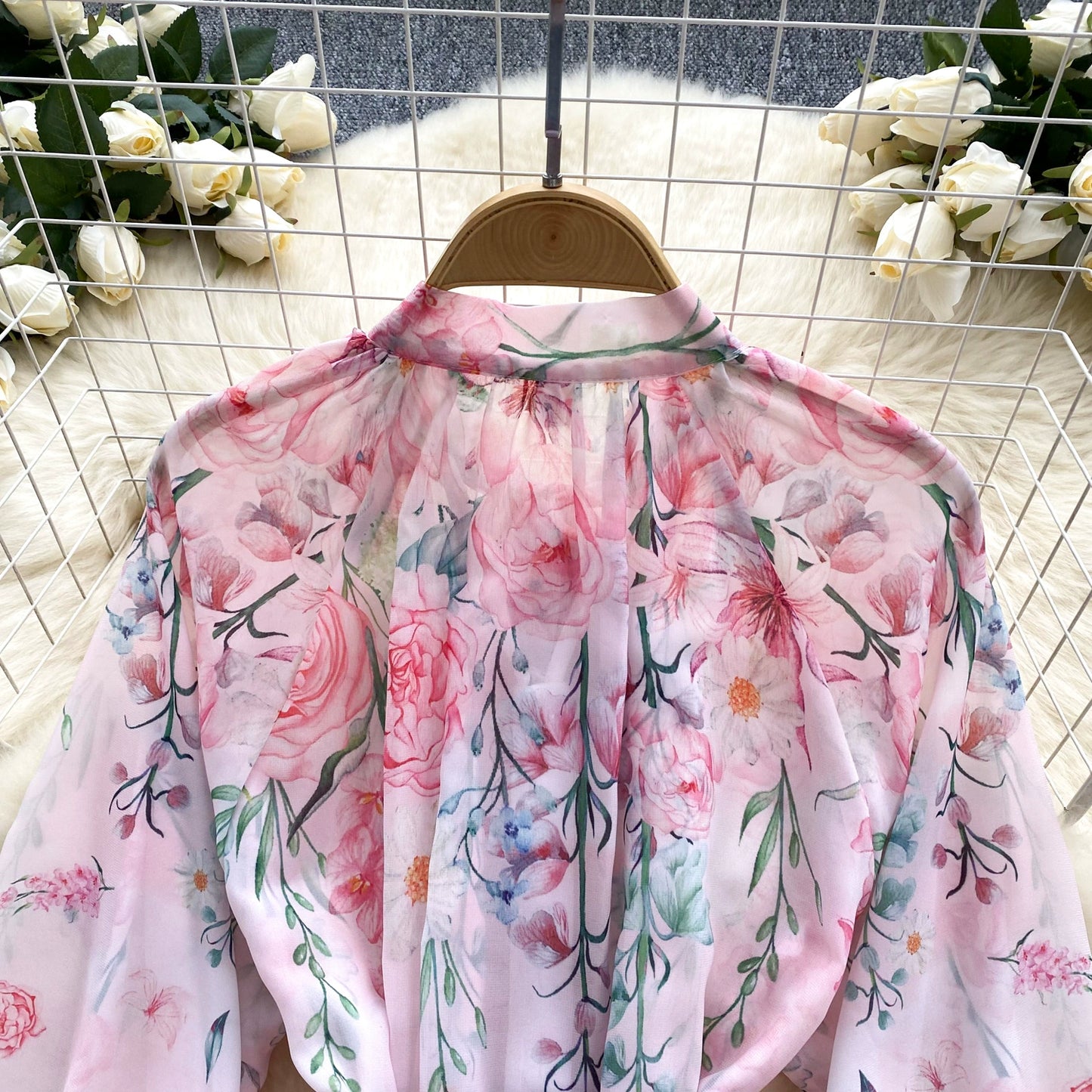 Spring Summer Runway 2 Pieces Shorts Outfit Women's Bow Neck Flower Print Lantern Sleeve Blouses Shirts＋Wide Leg Shorts Set Suit