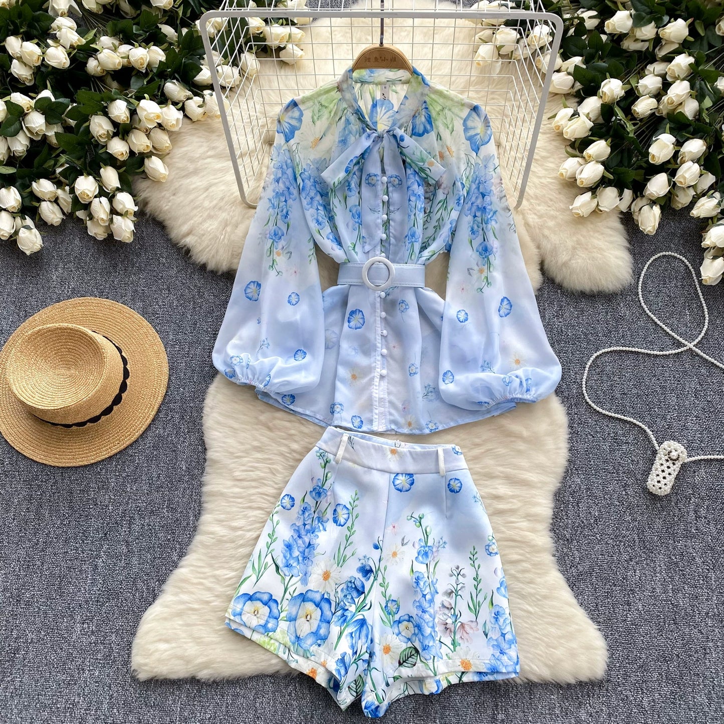 Spring Summer Runway 2 Pieces Shorts Outfit Women's Bow Neck Flower Print Lantern Sleeve Blouses Shirts＋Wide Leg Shorts Set Suit