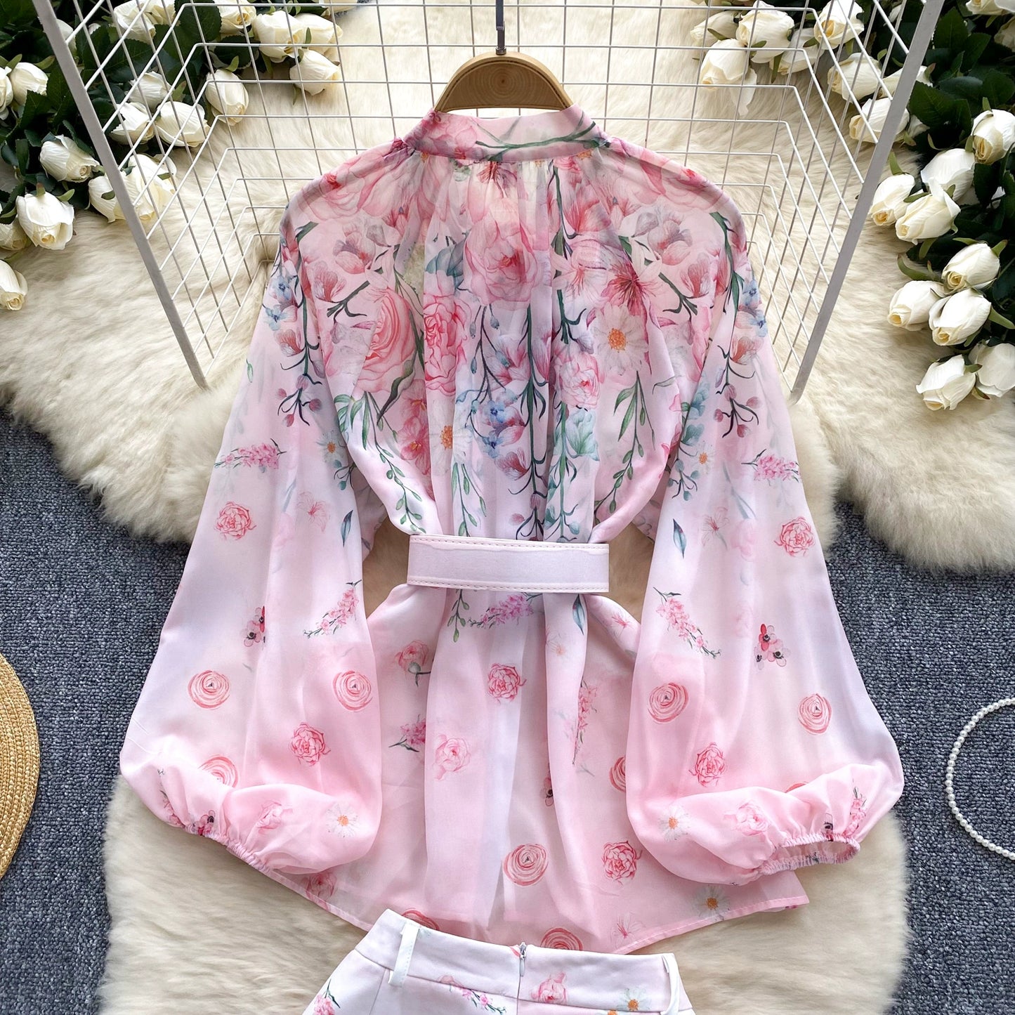 Spring Summer Runway 2 Pieces Shorts Outfit Women's Bow Neck Flower Print Lantern Sleeve Blouses Shirts＋Wide Leg Shorts Set Suit