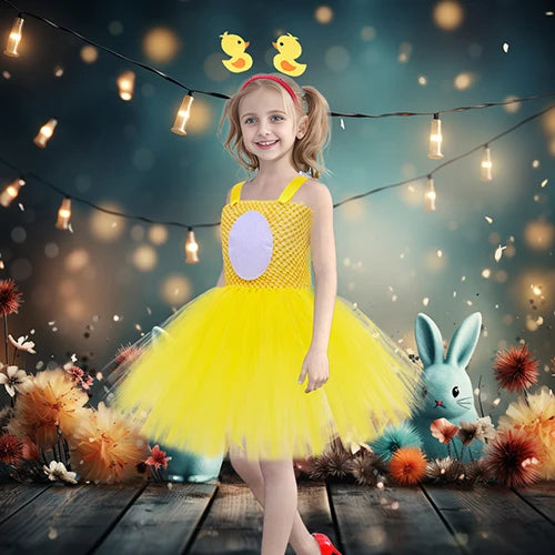 Yellow Duck Baby Girls Dress Up Costume Cute Animal Kids Easter Party Dresses Girl Princess Tulle Dress Summer Spring Clothes