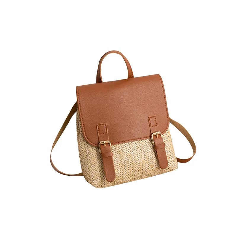 Fashion Women's Shoulder Bag Vintage Straw Woven Bag PU Leather Shoulder Bag Elegant Luxury Versatile Designer Backpack Mochilas