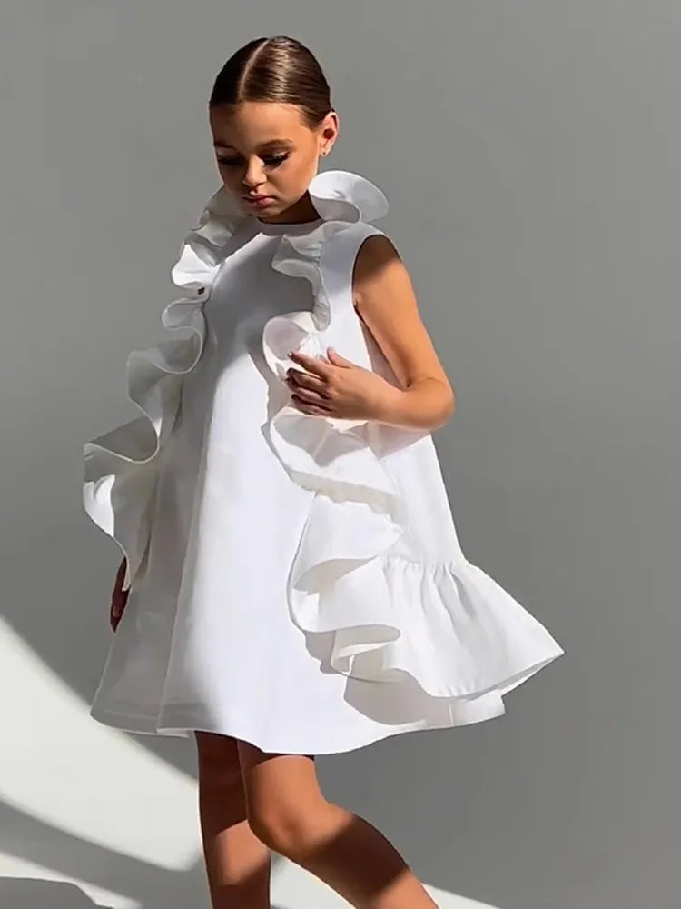 Girl Summer New Dress Sleeveless Ruffles Princess Wedding Luxury Kids Fashion Clothes Brithday Show Vestidos Outfit Wz1326
