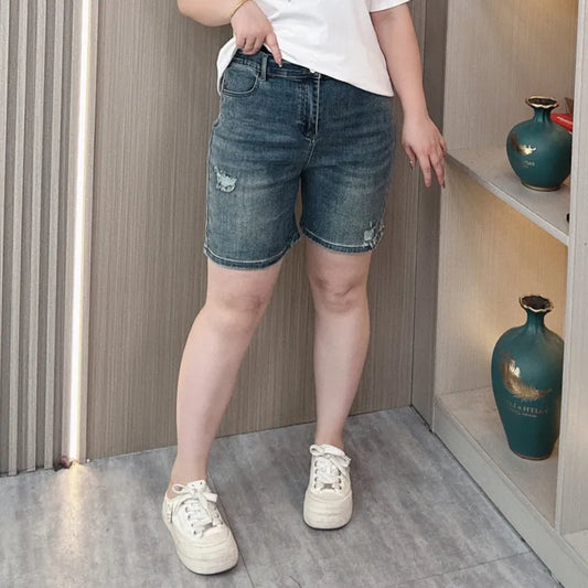 Denim Shorts Women's Summer New Plus Size Ripped Jeans Loose Thin Leisure Elastic High Waist Wide Leg Hot Pants