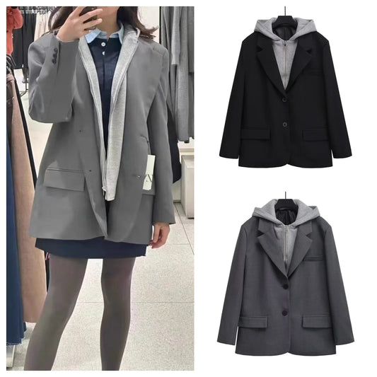 European and American (BlzSuit)  style hot girl retro autumn new women's hooded suit jacket female fashion trend fake two-piece versatile c