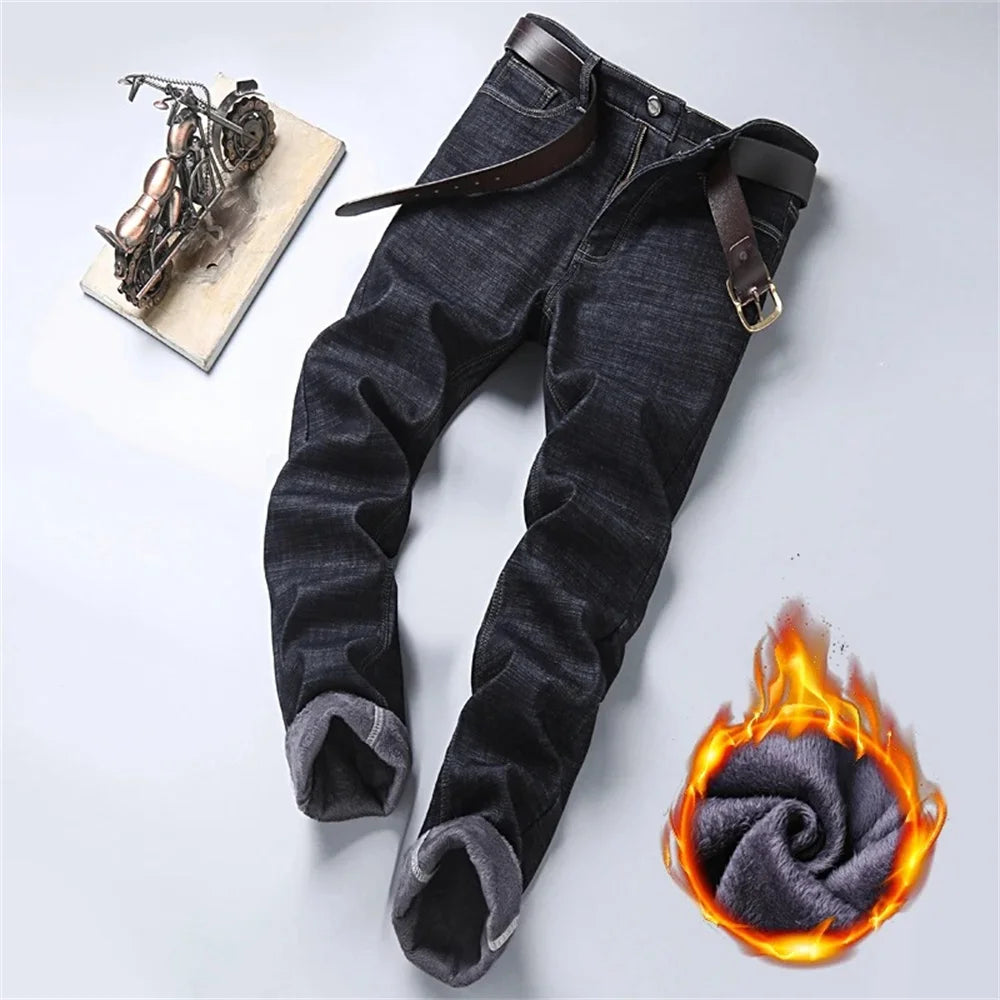 Men's Classic Regular Fit Fleece Jeans Business Fashion Loose Casual Stretch Pants Male Brand Plus Velvet Padded Warm Trousers