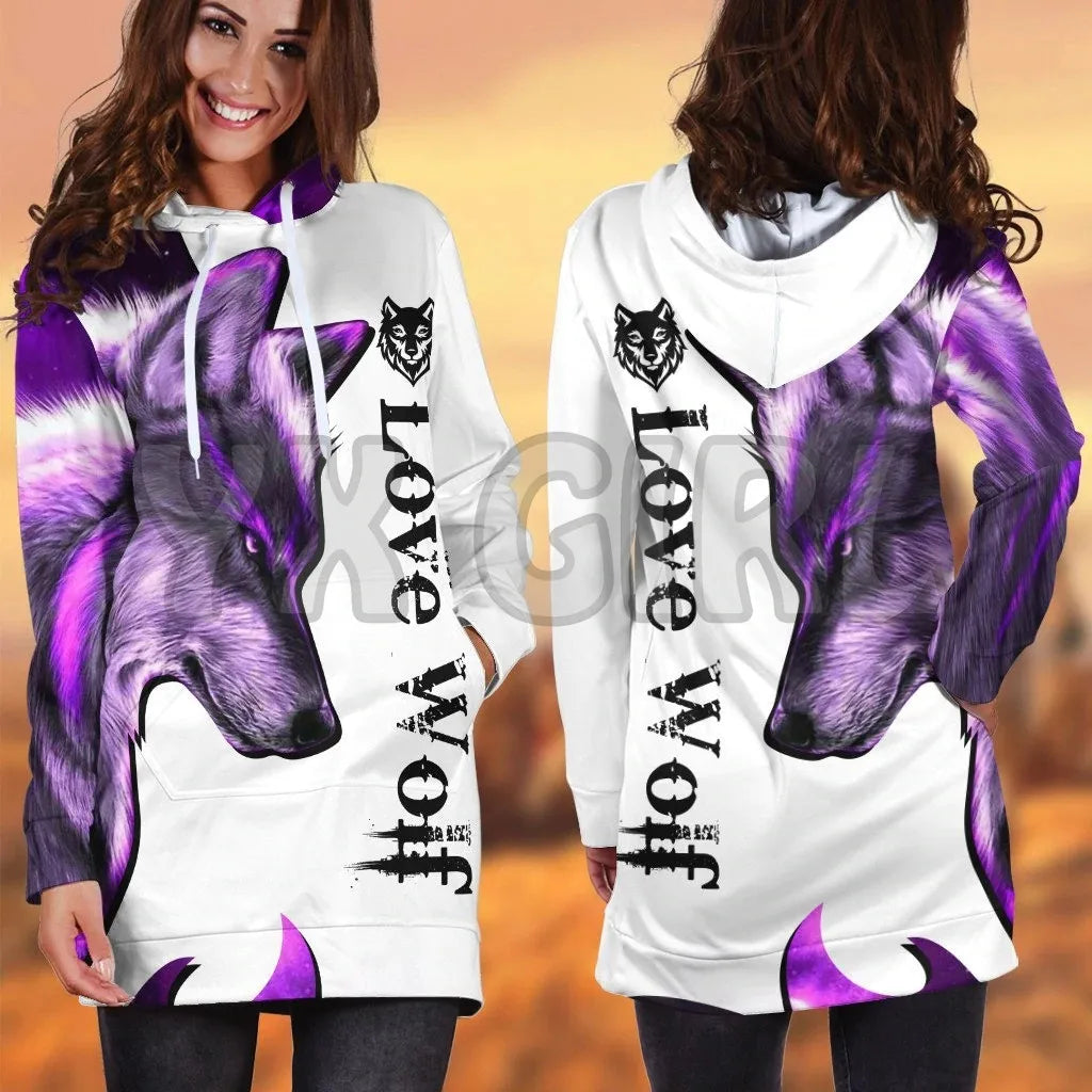 YX GIRL Wolf  3D Printed Hoodie Dress Novelty Hoodies Women Casual LongSleeve Hooded Pullover Tracksuit
