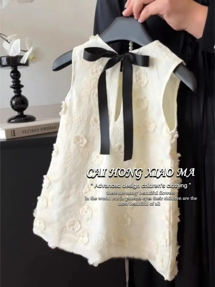Childrens Wear 2024 New Girls Dress Summer Childrens Fashion Bow Embroidered Princess Dress Girl Clothes