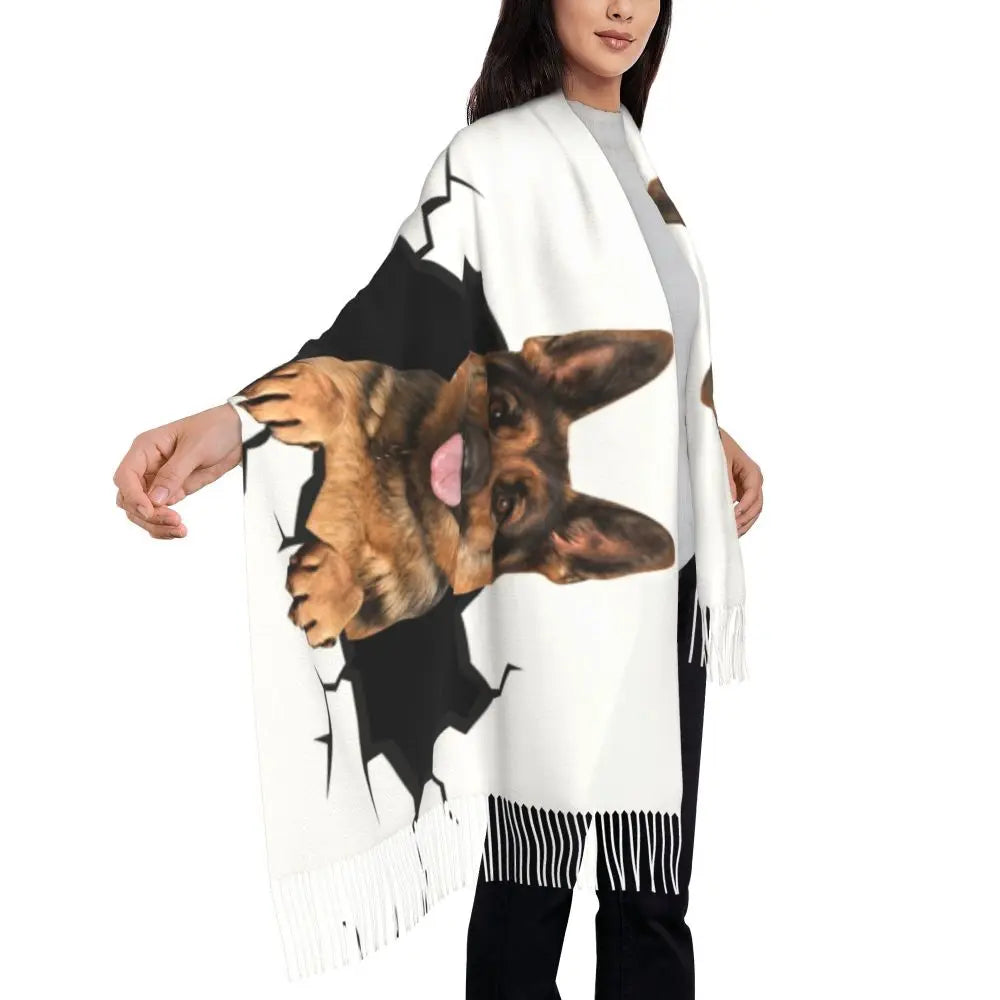German Shepherd Courage Scarf Wrap Women Long Winter Fall Warm Tassel Shawl Unisex Alsatian Wolf Dog Lover Scarves