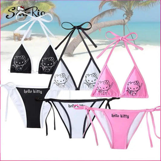 Hello Kitty Swimsuits Women Sexy Bikini Set Female Swimsuits 2Pcs Split Strap Adjustable Swimwear Swimming Summer Swimsuit