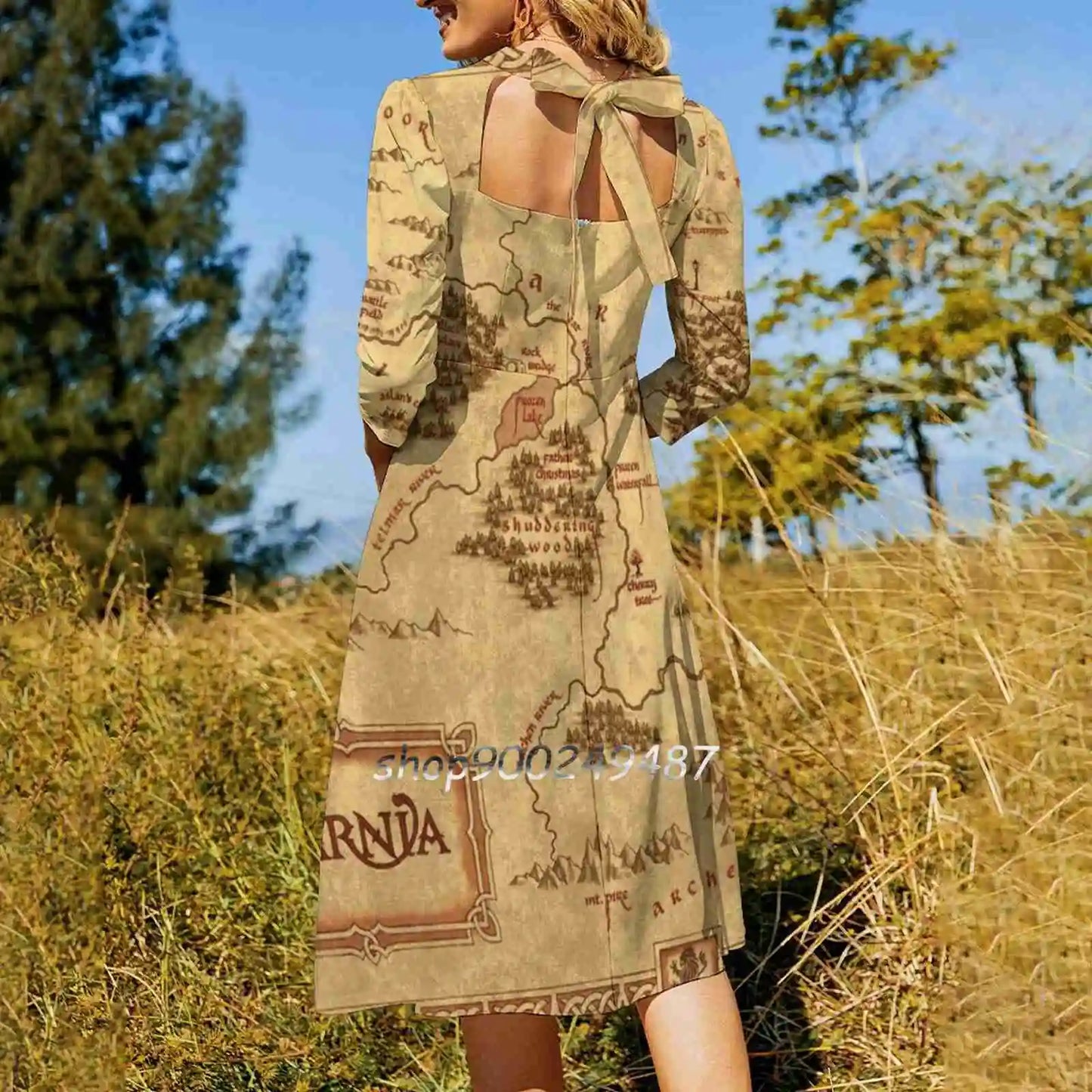 Map Square Neck Dress Sweet Summer Dress Women Elegant Halter Print Dress Map Fantasy Lion World Magic Tv Series Movies America