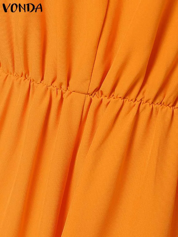 Plus Size 5XL VONDA Women Summer Jumpsuits Sexy V-Neck Flare Sleeve Printed Long Romper Casual High Elastic Waist Playsuits