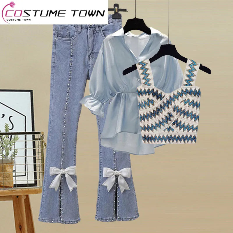 Spring/Summer Fashion Women Three Piece Set Temperament Chiffon Shirt Small Fragrant Knitted Back Temperament Split Jeans