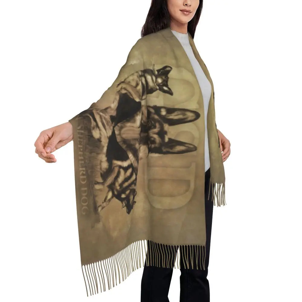 German Shepherd Courage Scarf Wrap Women Long Winter Fall Warm Tassel Shawl Unisex Alsatian Wolf Dog Lover Scarves
